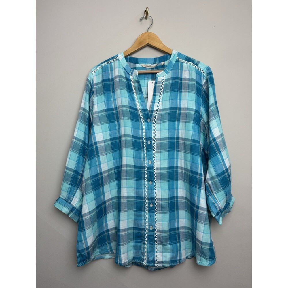 Soft Surroundings Plus Size 2X Plaid Top Button Front Clue 3/4 Sleeve Crochet